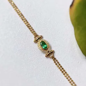 18K Gold Oval Shape 0.2ct Natural Emerald Diamond Vinatge Bracelet