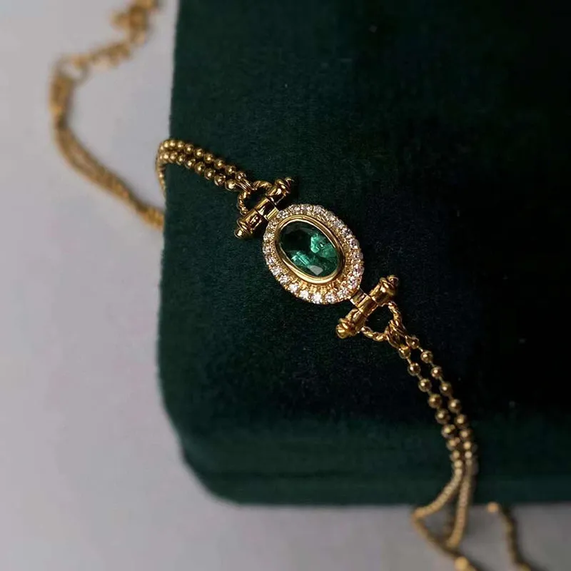 18K Gold Oval Shape 0.2ct Natural Emerald Diamond Vinatge Bracelet