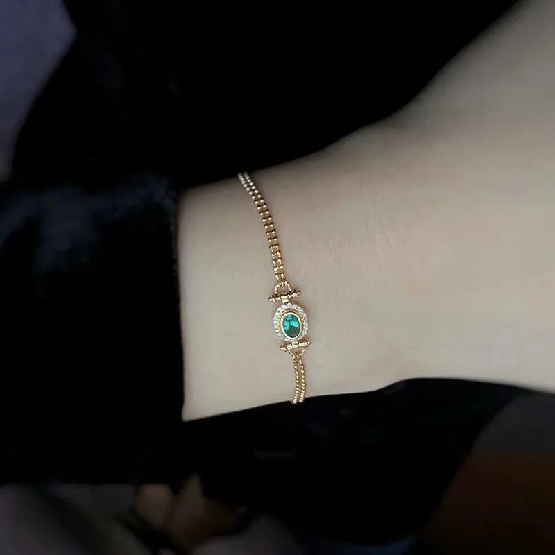 18K Gold Oval Shape 0.2ct Natural Emerald Diamond Vinatge Bracelet
