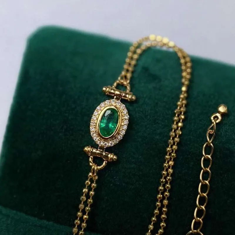 18K Gold Oval Shape 0.2ct Natural Emerald Diamond Vinatge Bracelet
