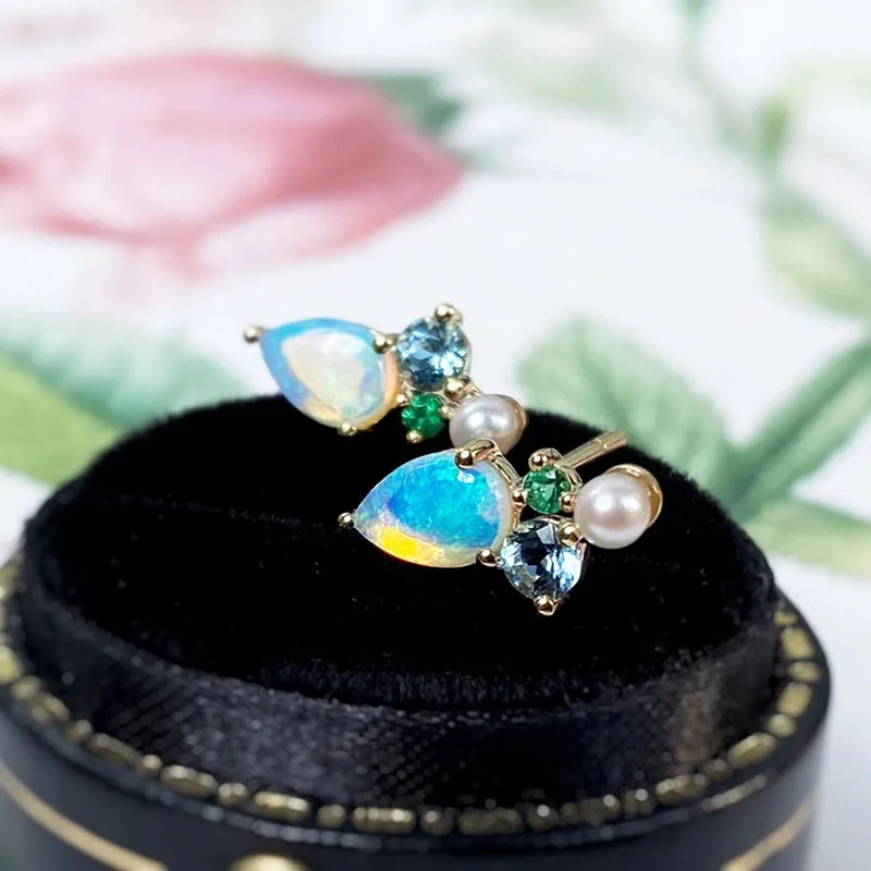 18K Gold Pear Cut 0.50ct Natural Opal Gemstone Akoya Pearl Stud Earrings