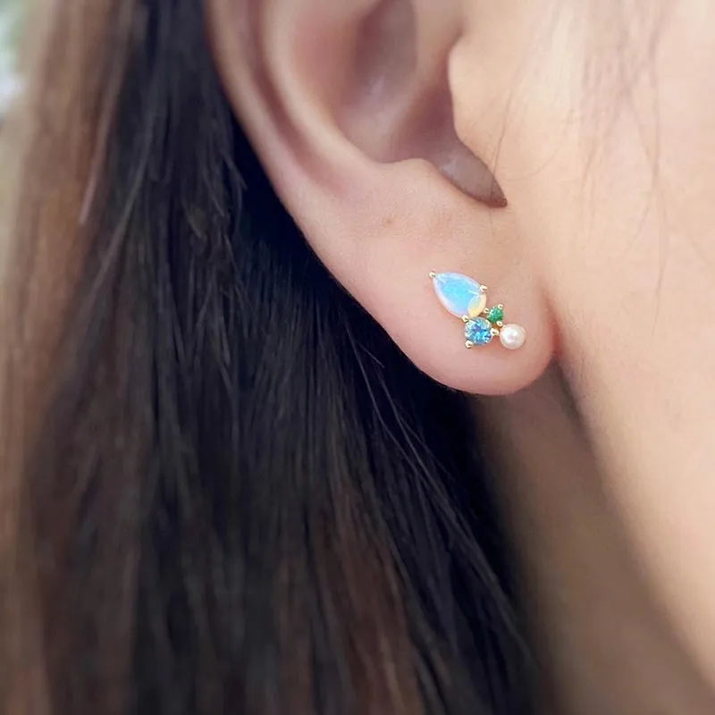 18K Gold Pear Cut 0.50ct Natural Opal Gemstone Akoya Pearl Stud Earrings