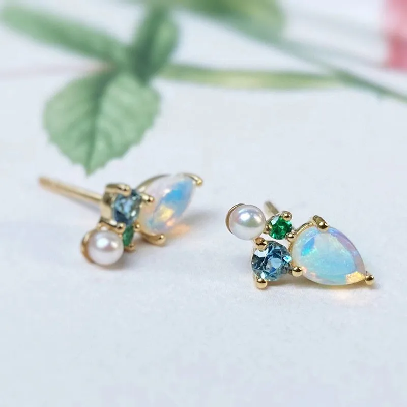 18K Gold Pear Cut 0.50ct Natural Opal Gemstone Akoya Pearl Stud Earrings