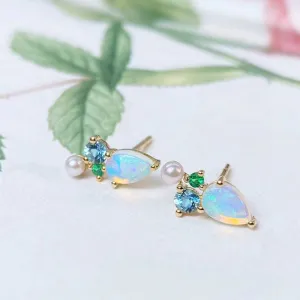 18K Gold Pear Cut 0.50ct Natural Opal Gemstone Akoya Pearl Stud Earrings