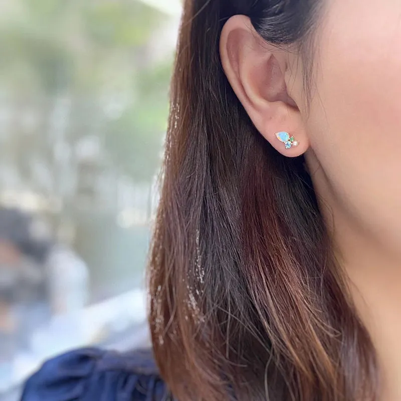 18K Gold Pear Cut 0.50ct Natural Opal Gemstone Akoya Pearl Stud Earrings