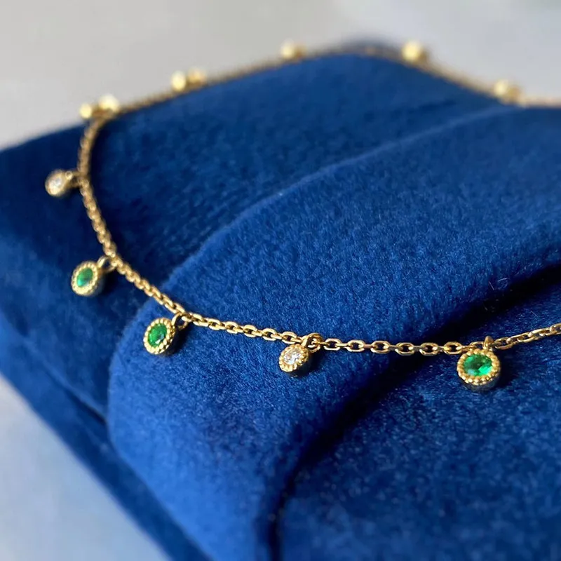 18K Gold Round Cut 0.15ct Natural Emerald Real Diamond Bolo Bracelet