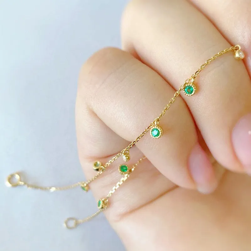 18K Gold Round Cut 0.15ct Natural Emerald Real Diamond Bolo Bracelet
