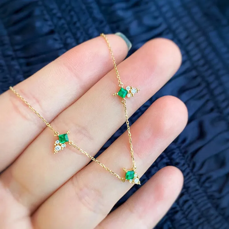 18K Gold Square Cut 0.25ct Natural Emerald 0.08ct Diamond Necklace 16.4"