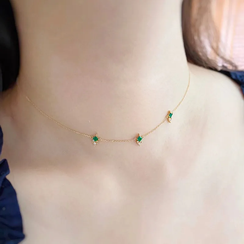 18K Gold Square Cut 0.25ct Natural Emerald 0.08ct Diamond Necklace 16.4"