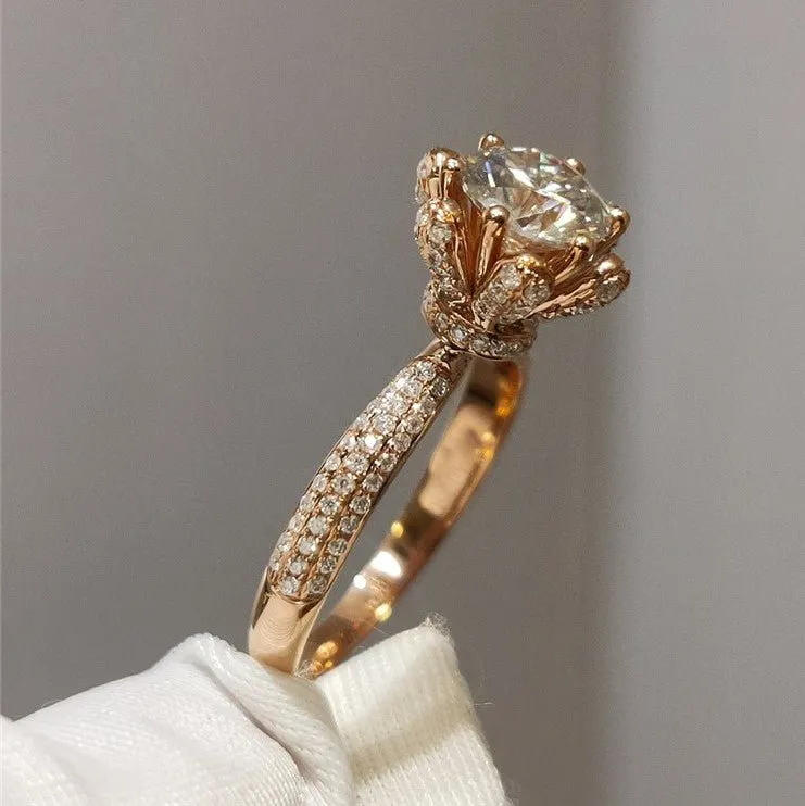 18K Rose Gold Round Cut 1ct Diamond Ice Snowflake Engagement Ring