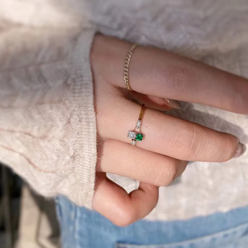 18K White & Gold 0.04ct Natural Emerald 0.03ct Diamond Vintage Ring