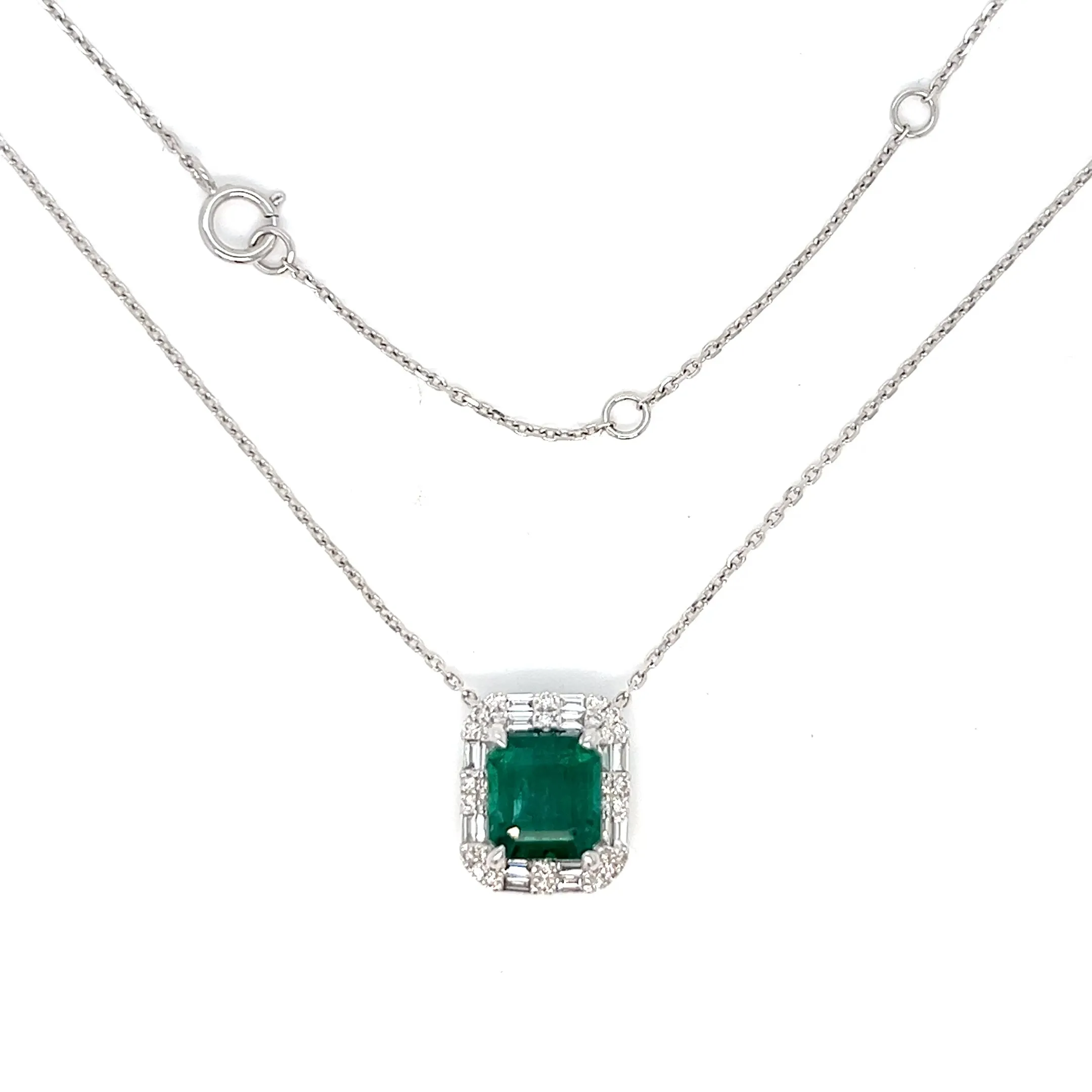 18K White Gold Lady Dainty 2.63ct  Green Cut Emerald Diamonds 16-20" Necklace - NEC-52936