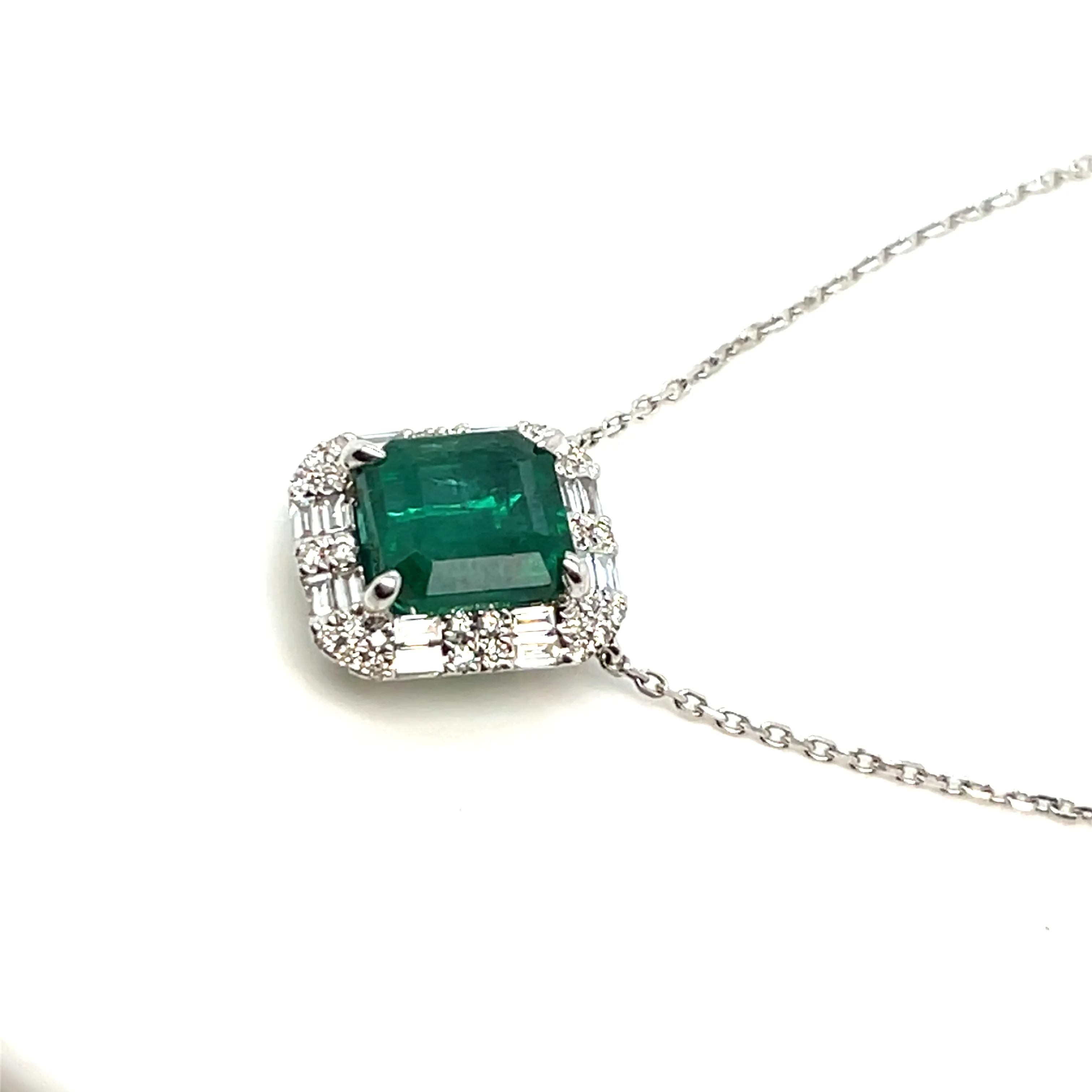 18K White Gold Lady Dainty 2.63ct  Green Cut Emerald Diamonds 16-20" Necklace - NEC-52936