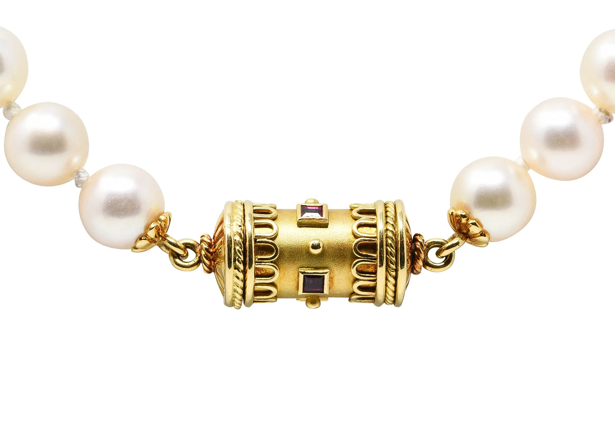 1960's Vintage Cultured Pearl Ruby 18 Karat Gold Necklace