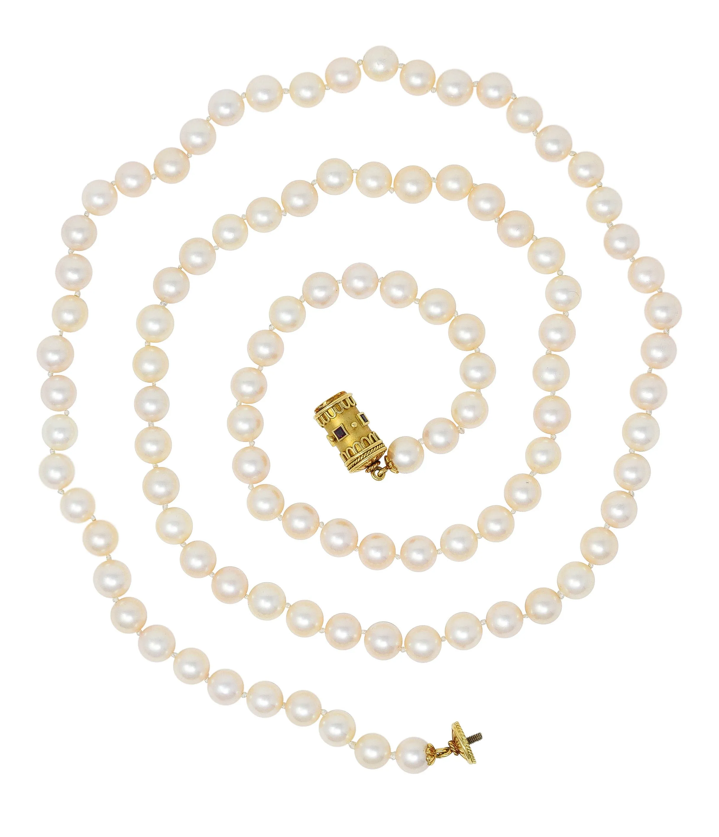 1960's Vintage Cultured Pearl Ruby 18 Karat Gold Necklace