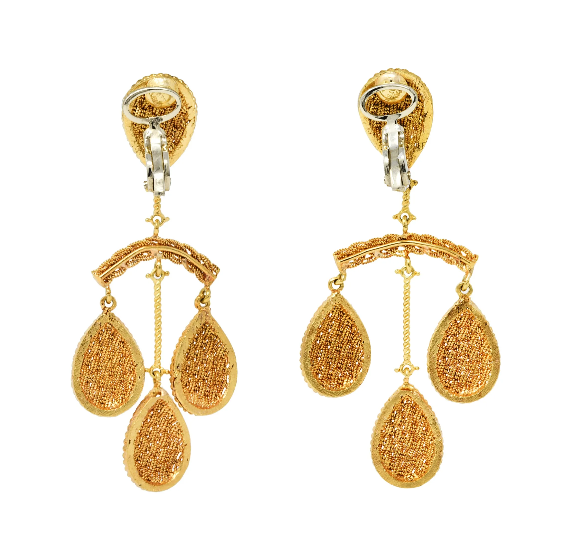 1970's Ruth Satsky 18 Karat Gold Chandelier Drop Ear-Clip Earrings