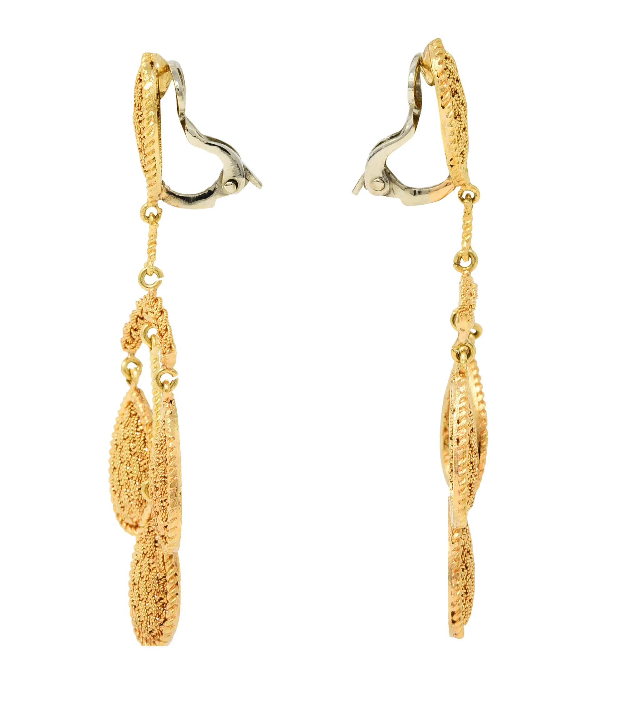 1970's Ruth Satsky 18 Karat Gold Chandelier Drop Ear-Clip Earrings