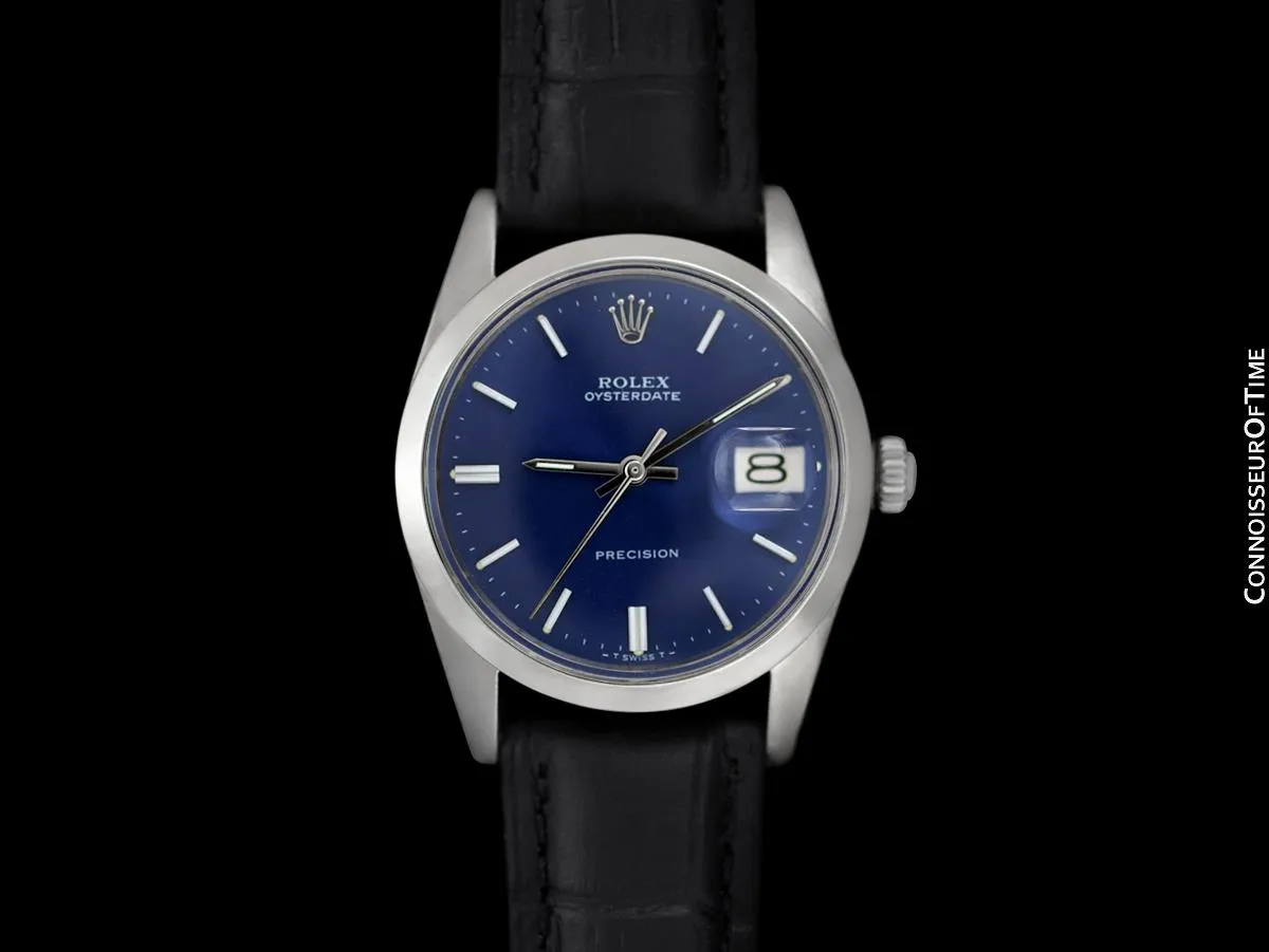 1973 Rolex Oysterdate Vintage Mens Blue Dial Watch with Date - Stainless Steel