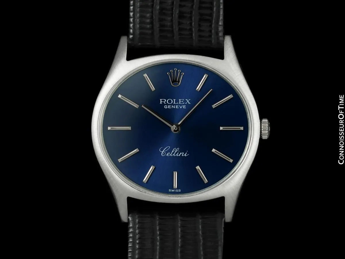 1974 Rolex Cellini Vintage Mens Handwound TV Watch with Royal Blue Dial, Ref. 3806 - 18K White Gold