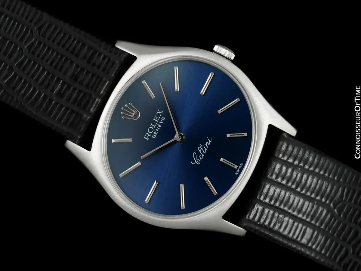 1974 Rolex Cellini Vintage Mens Handwound TV Watch with Royal Blue Dial, Ref. 3806 - 18K White Gold