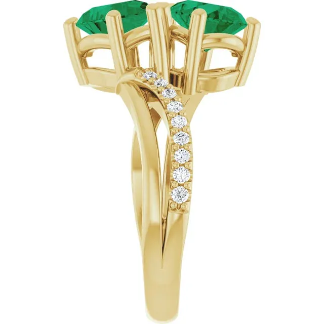 3.69ctw Double Emerald Pear Cut & Diamond Engagement Ring
