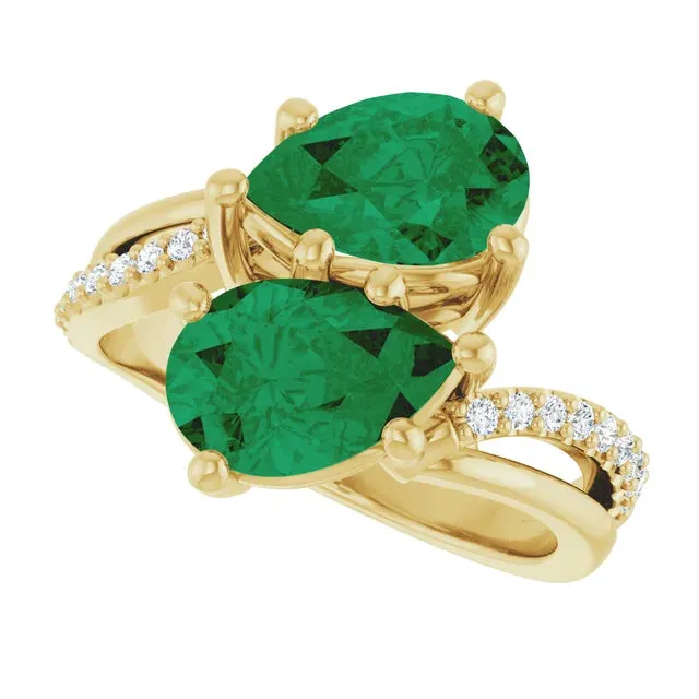 3.69ctw Double Emerald Pear Cut & Diamond Engagement Ring