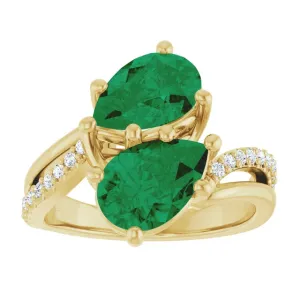 3.69ctw Double Emerald Pear Cut & Diamond Engagement Ring