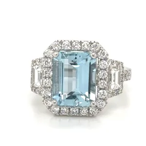 4.44carat Emerald-cut Aquamarine & Diamond Cocktail Ring