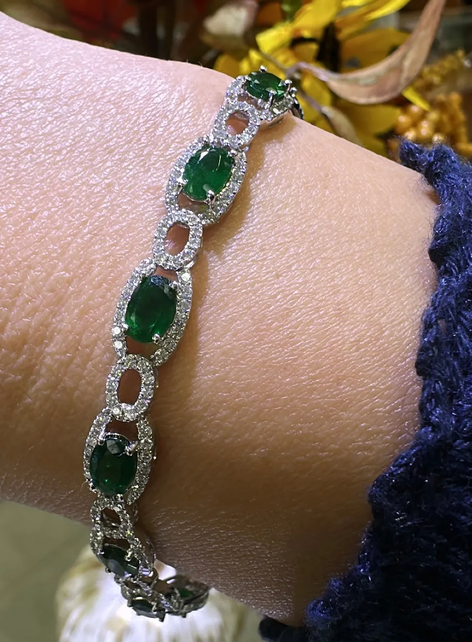 7.38ct t.w. Round Brilliant Cut Diamond and Oval -cut Emerald Statement Bracelet