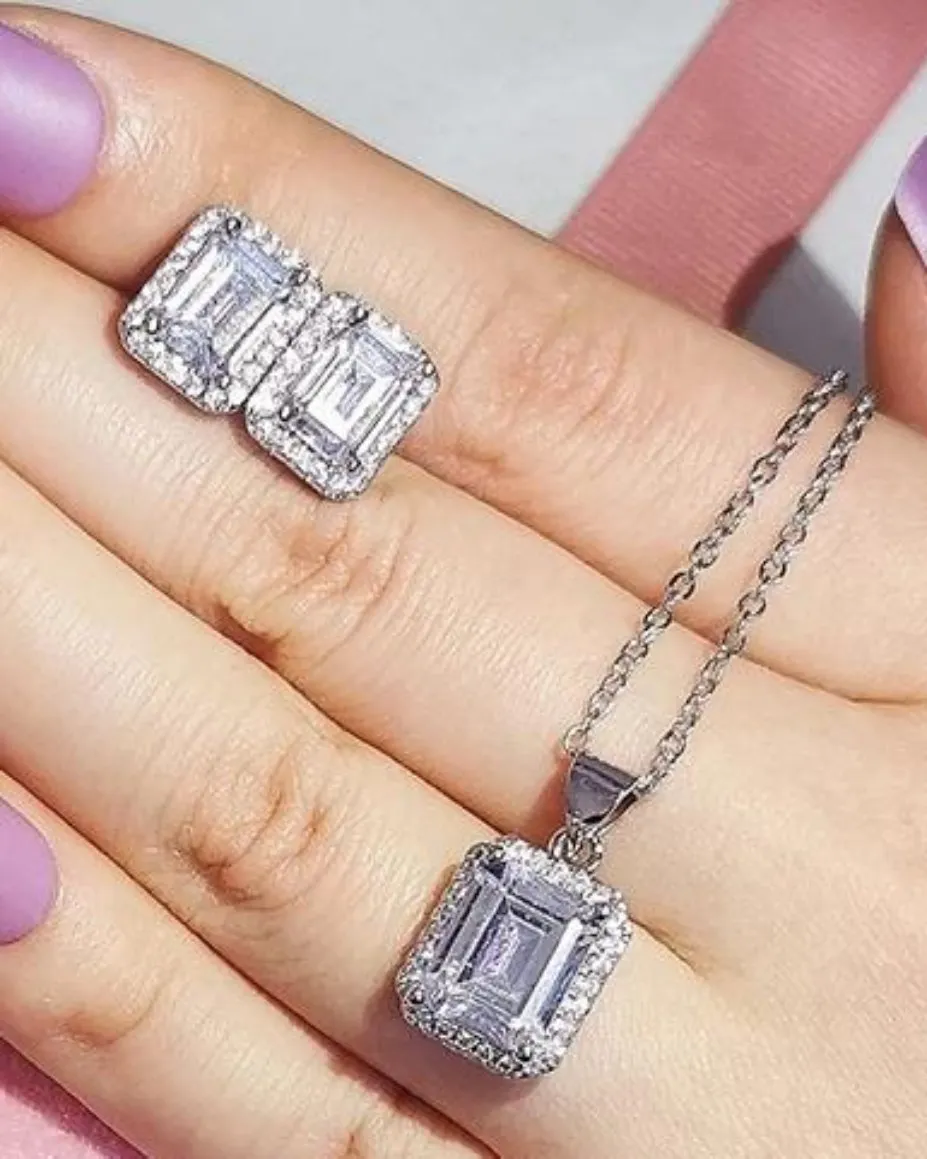 925 Sterling Silver Emerald Cut Jewelry Set