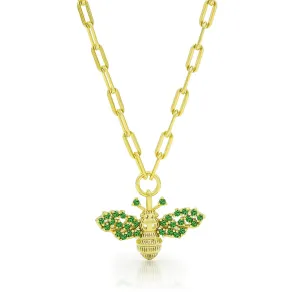 925 Sterling Silver Emerald Winged Bumblebee Necklace on Paper Clip Chain