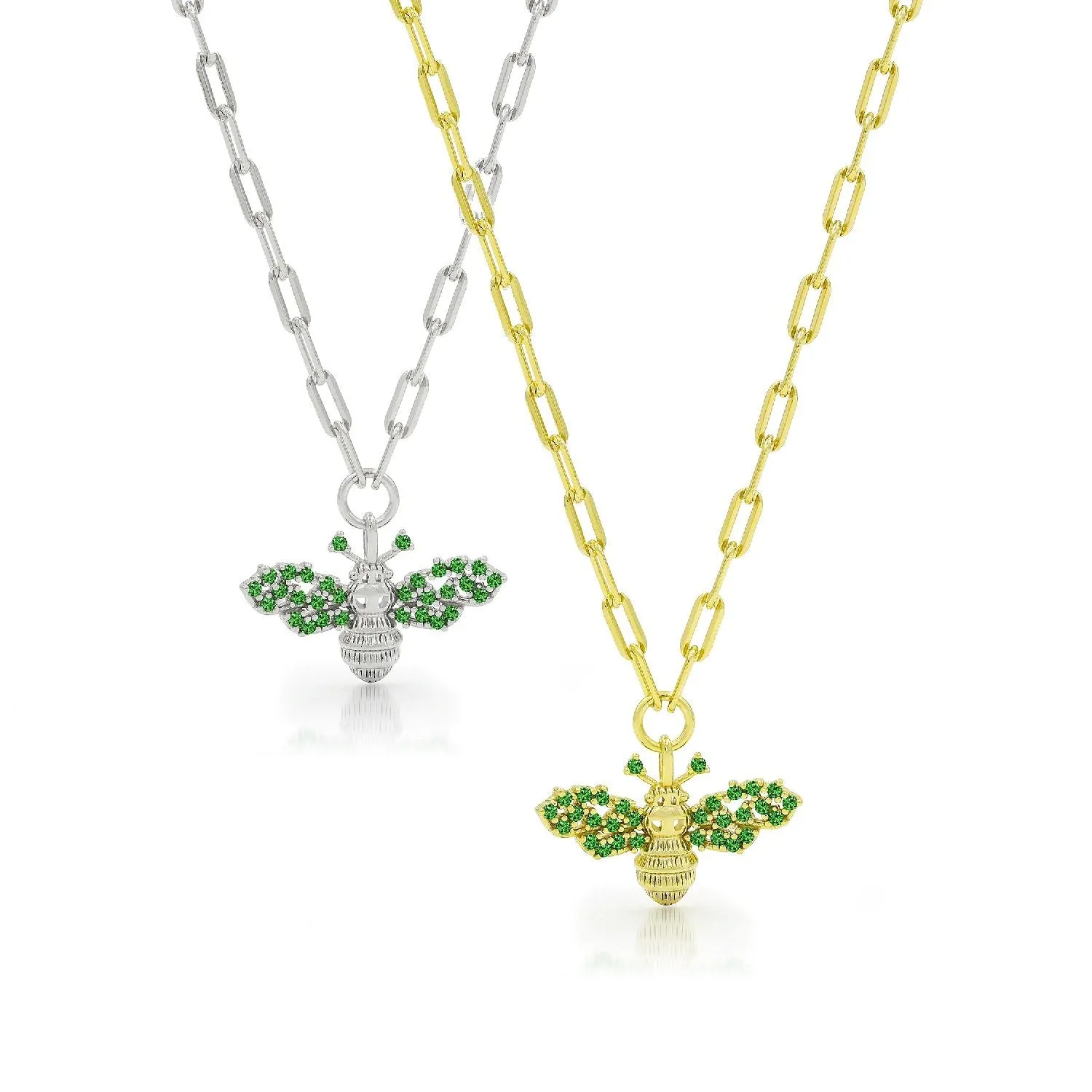 925 Sterling Silver Emerald Winged Bumblebee Necklace on Paper Clip Chain