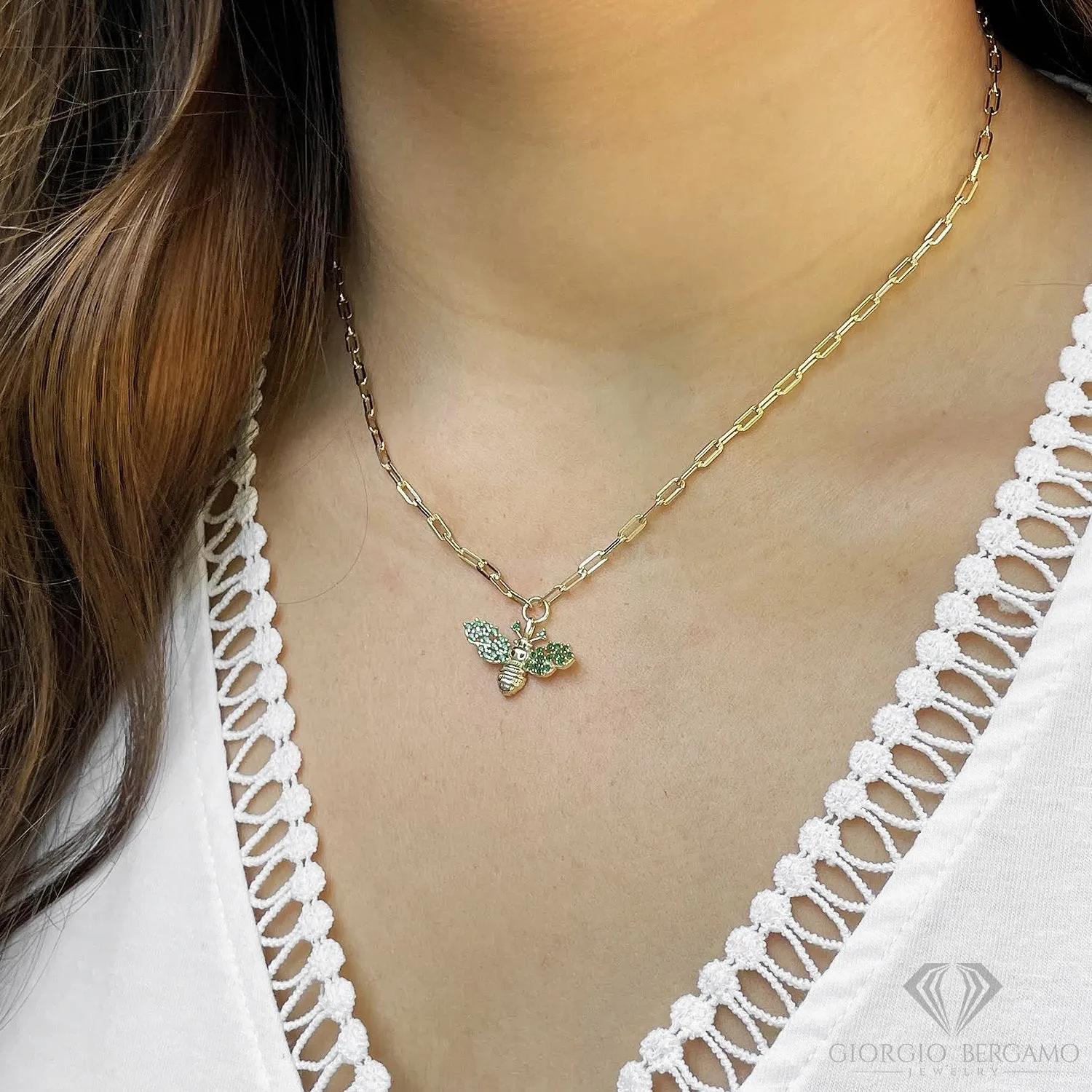 925 Sterling Silver Emerald Winged Bumblebee Necklace on Paper Clip Chain