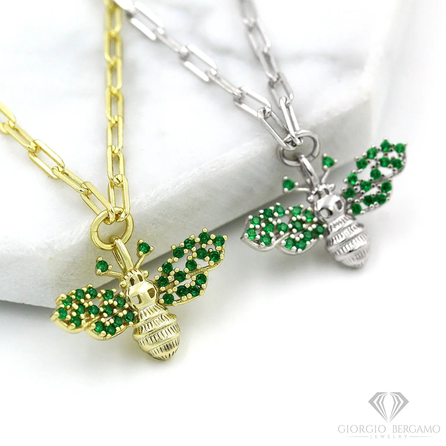 925 Sterling Silver Emerald Winged Bumblebee Necklace on Paper Clip Chain