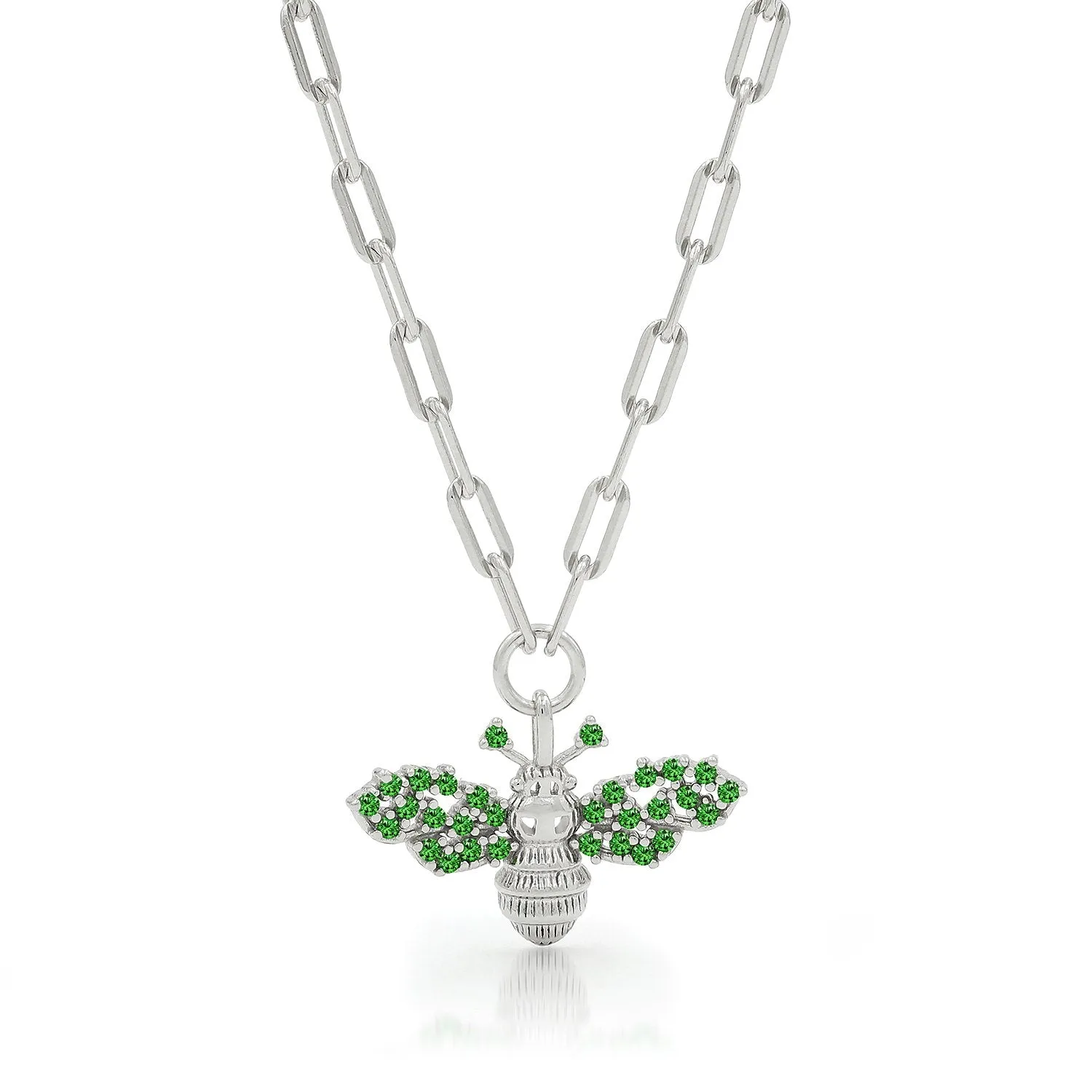 925 Sterling Silver Emerald Winged Bumblebee Necklace on Paper Clip Chain