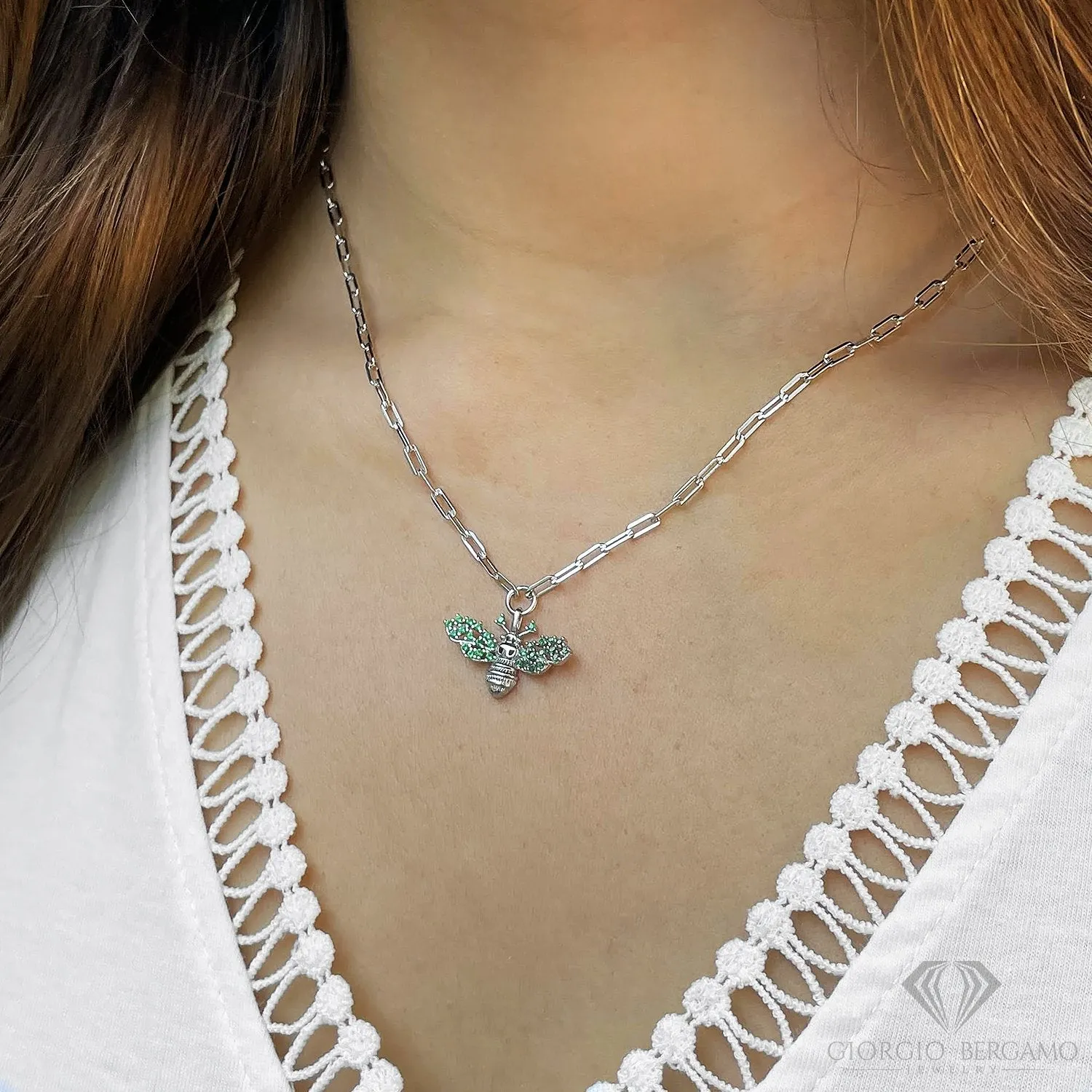 925 Sterling Silver Emerald Winged Bumblebee Necklace on Paper Clip Chain