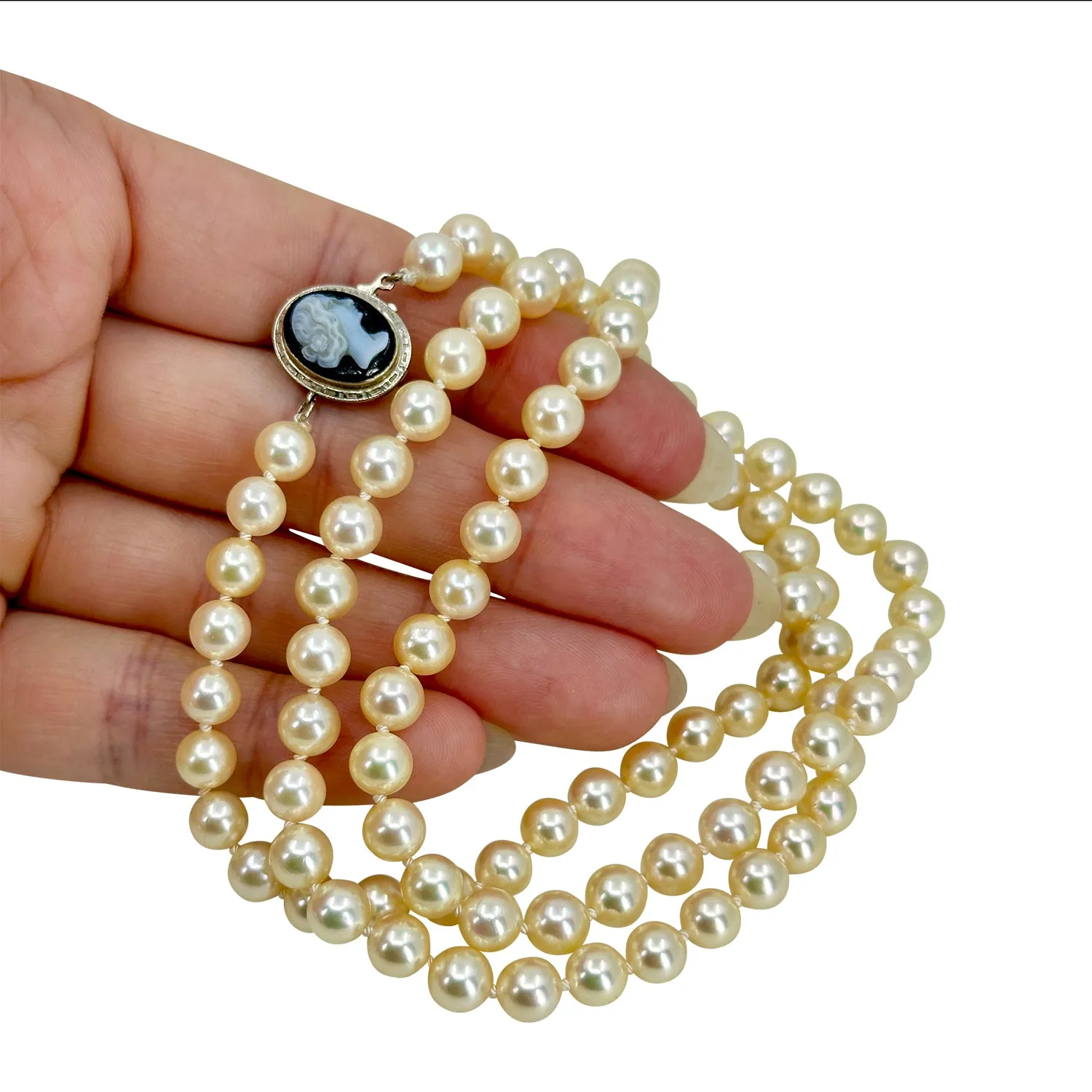 Agate Cameo Vintage Japanese Saltwater Akoya Cultured Pearl Opera Necklace - 14K White Gold 27 Inch