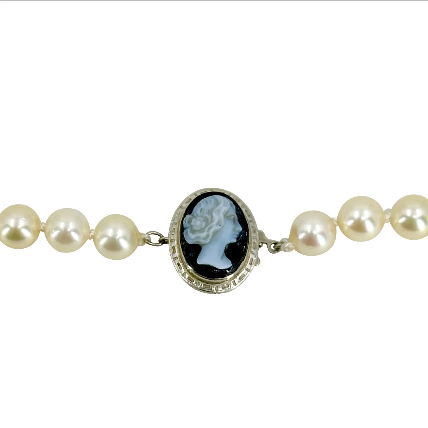 Agate Cameo Vintage Japanese Saltwater Akoya Cultured Pearl Opera Necklace - 14K White Gold 27 Inch