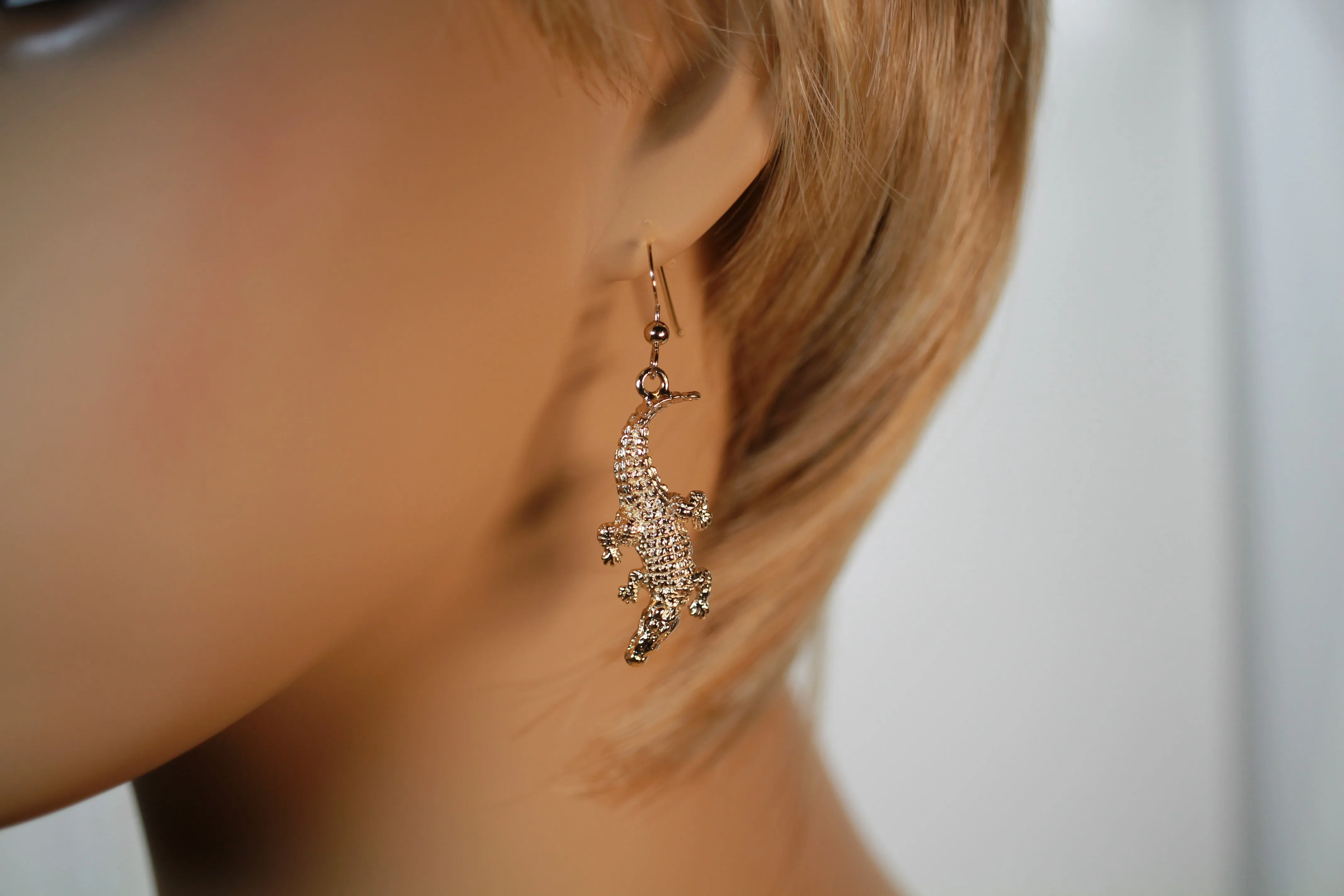 Alligator Dangle Earrings in 14kt. Yellow Gold Vermeil in Large Statement Size Alligator