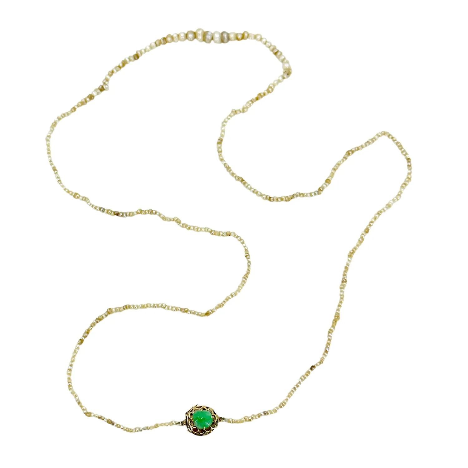 Antique Natural Victorian Seed Pearl Jade Nugget Graduated Necklace Strand Opera - 14K Yellow Gold 28 Inch