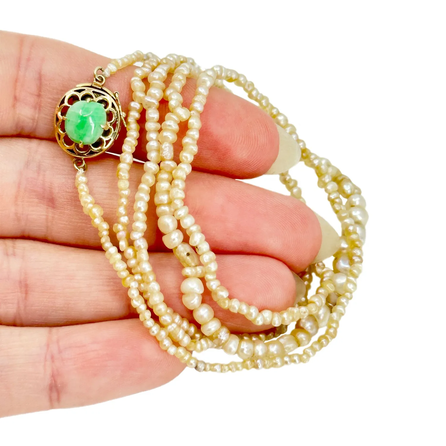 Antique Natural Victorian Seed Pearl Jade Nugget Graduated Necklace Strand Opera - 14K Yellow Gold 28 Inch