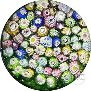 Antique Riedel Glass Art Paperweight Colorful Closepack Millefiori on Mica Infused Green Ground