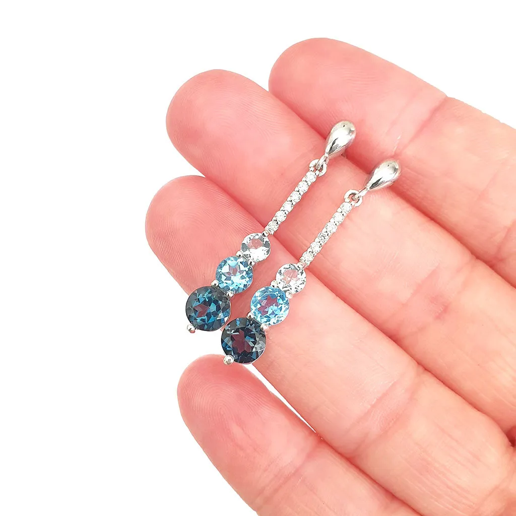 Aquamarine, Topaz and Six Diamond Drop Earrings