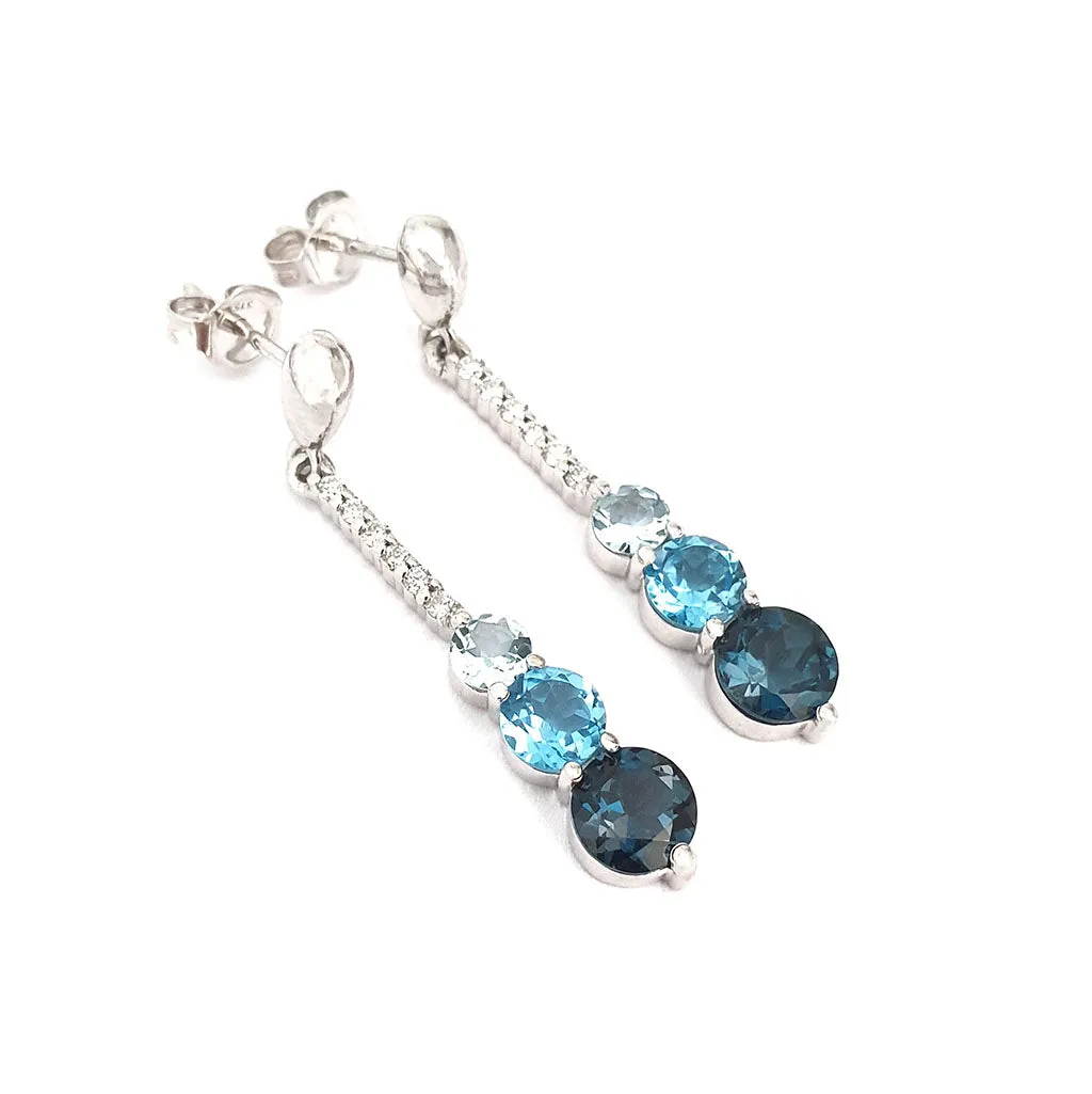 Aquamarine, Topaz and Six Diamond Drop Earrings
