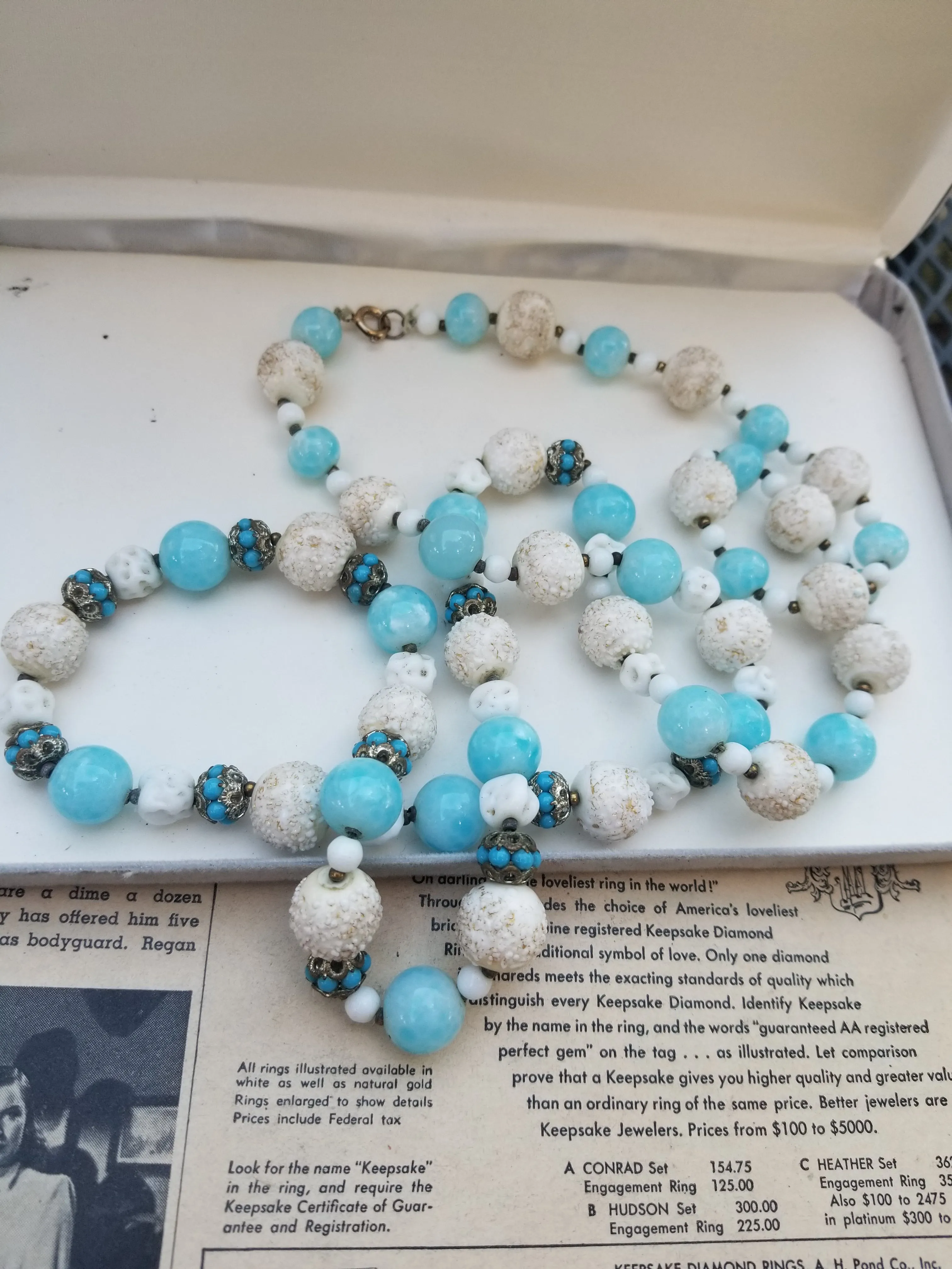 Art Deco Aqua blue Czech glass Opera length 37 inch beaded glass necklace