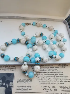Art Deco Aqua blue Czech glass Opera length 37 inch beaded glass necklace