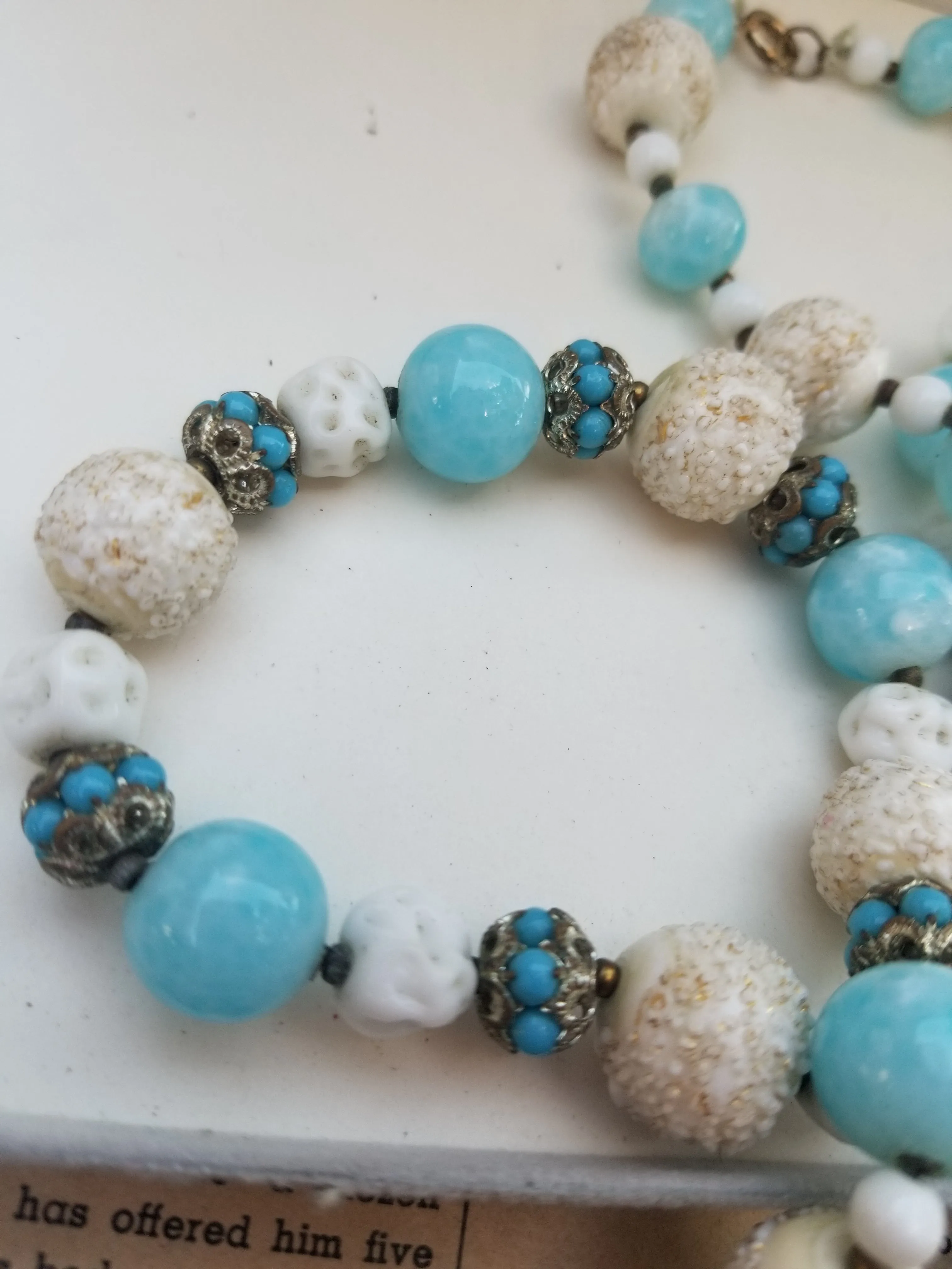 Art Deco Aqua blue Czech glass Opera length 37 inch beaded glass necklace