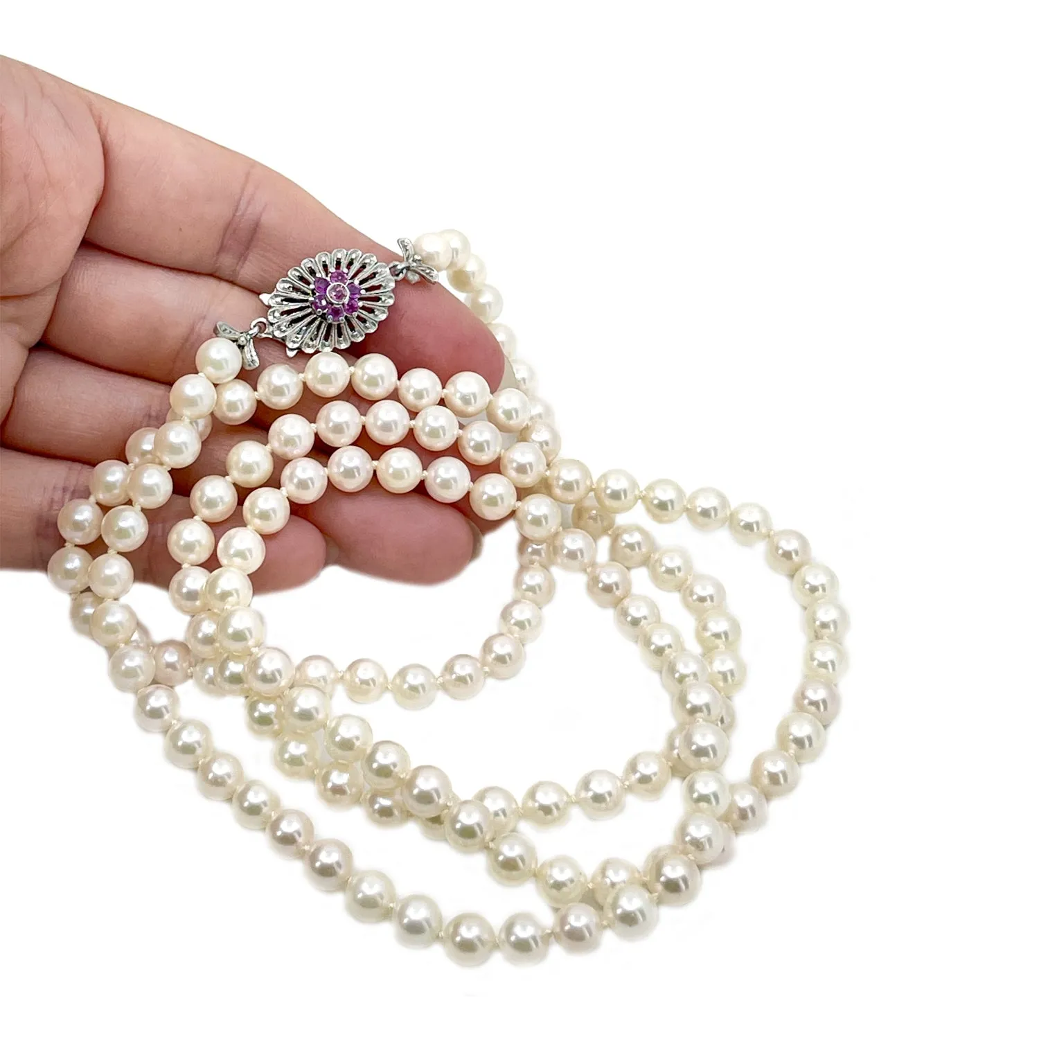 Art Nouveau Japanese Saltwater Cultured Akoya Pearl Pink Topaz Opera Necklace - 18K White Gold 36 Inch