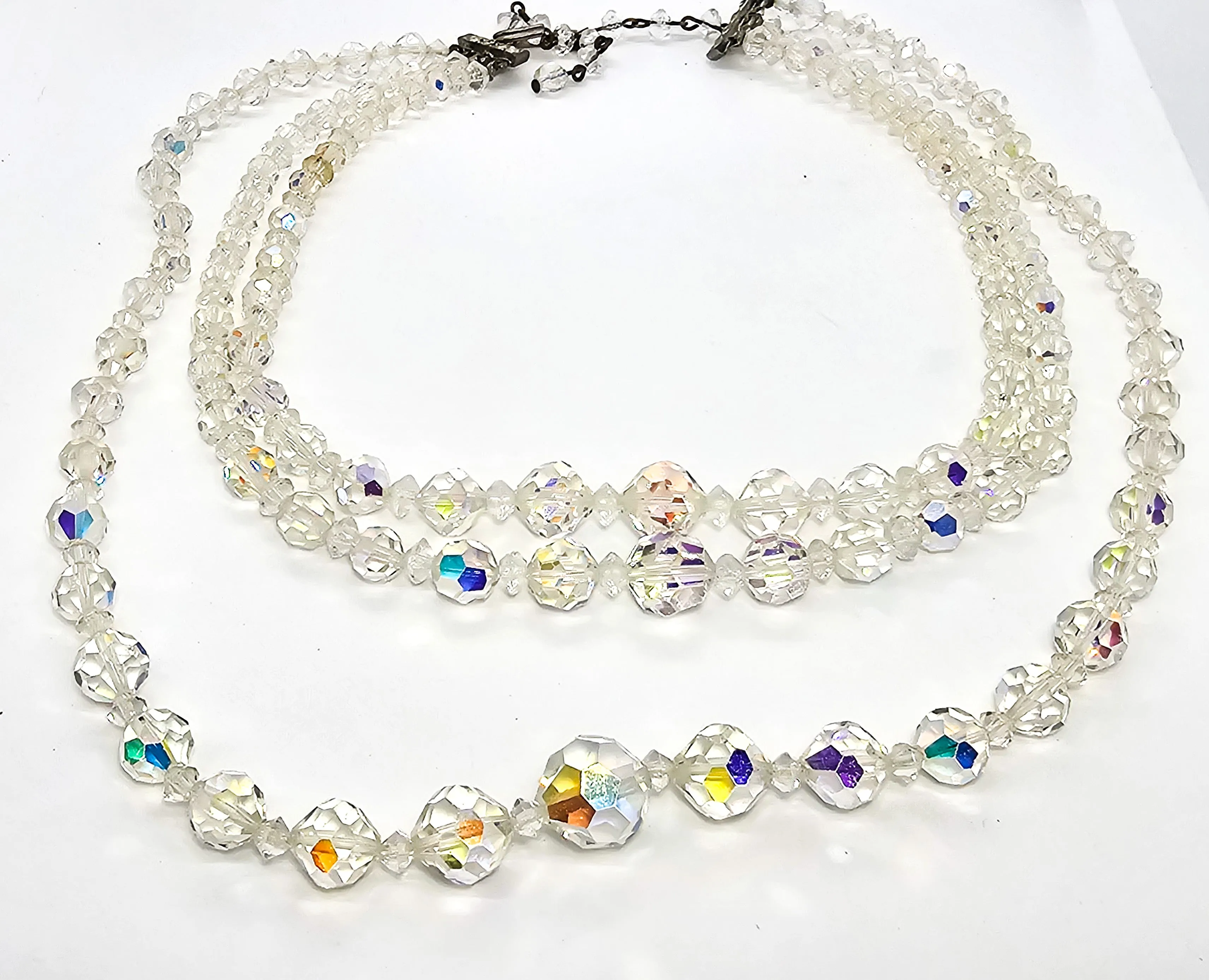 Austrian Crystal tiered vintage three strand Aurora borealis graduated beaded necklace