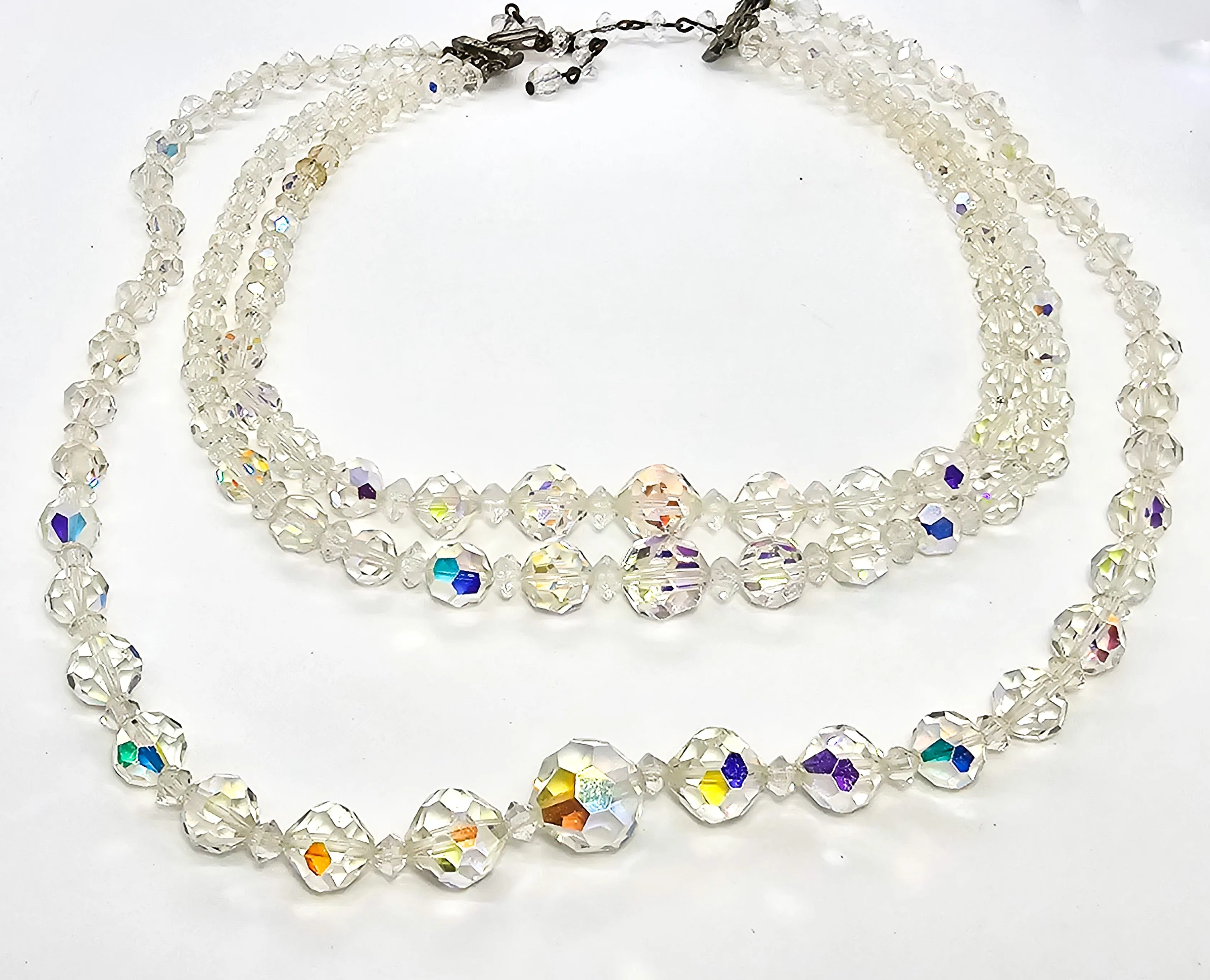 Austrian Crystal tiered vintage three strand Aurora borealis graduated beaded necklace